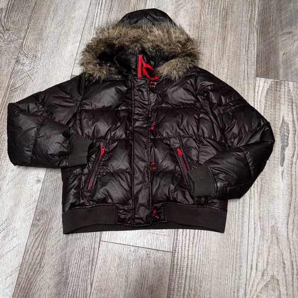 Vintage GAP brown Down puffer hooded fur collar parka jacket winter coat XL - Picture 3 of 15